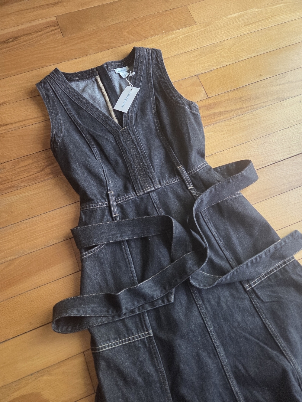 Sundance Poppy Dark Denim V-Neck Sleeveless  Dress with Waist Ties - Picture 2 of 4